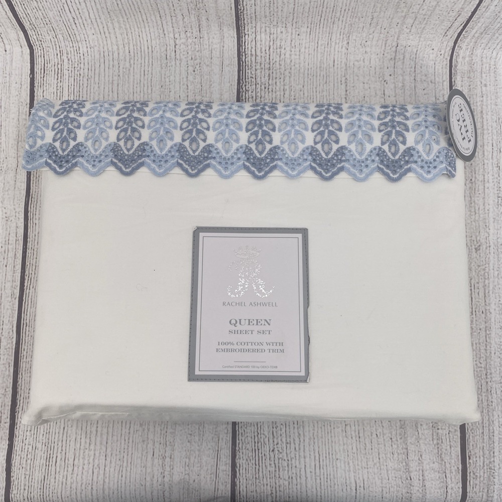 Rachel Ashwell Sheet Set QUEEN White Blue Embroidered Eyelet Hem 100% Cotton